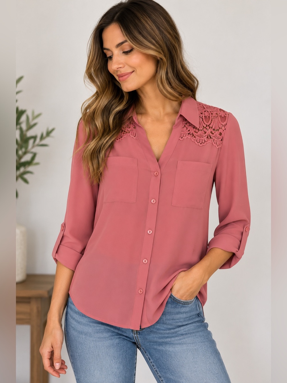 347 Express Portofino Lace Shoulder Button Down Blouse Rose Pink Small